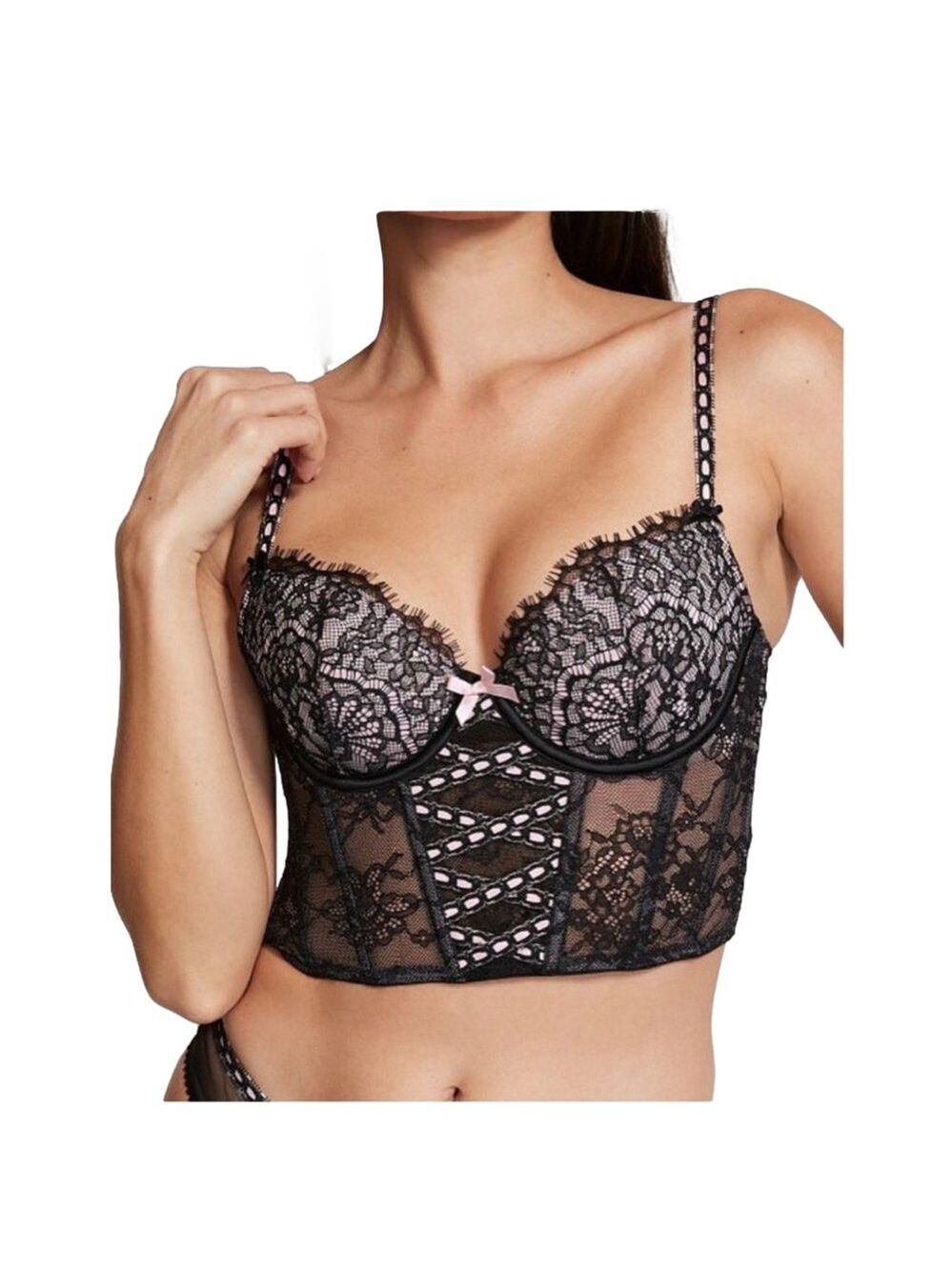 Victoria’s Secret Med-DD Dream Angels Lightly Lined Lace Up Corset Top Blk Pink